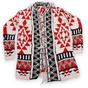 Bethany Mota Cardigan Womens Small Red White Black Aztec Fringe Open Front Long